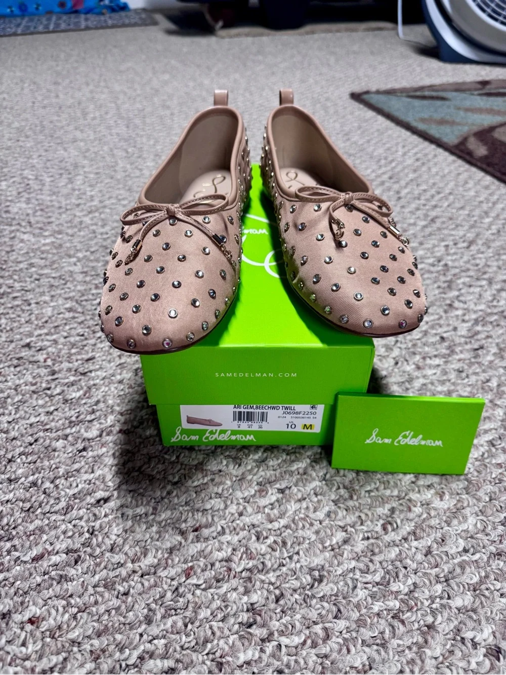 Sam Edelman Ari Gem Embellished Ballet Flats Blush Pink 10M | Rhinestone Bow
